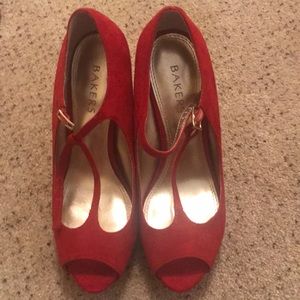 Red suade peep toe heels